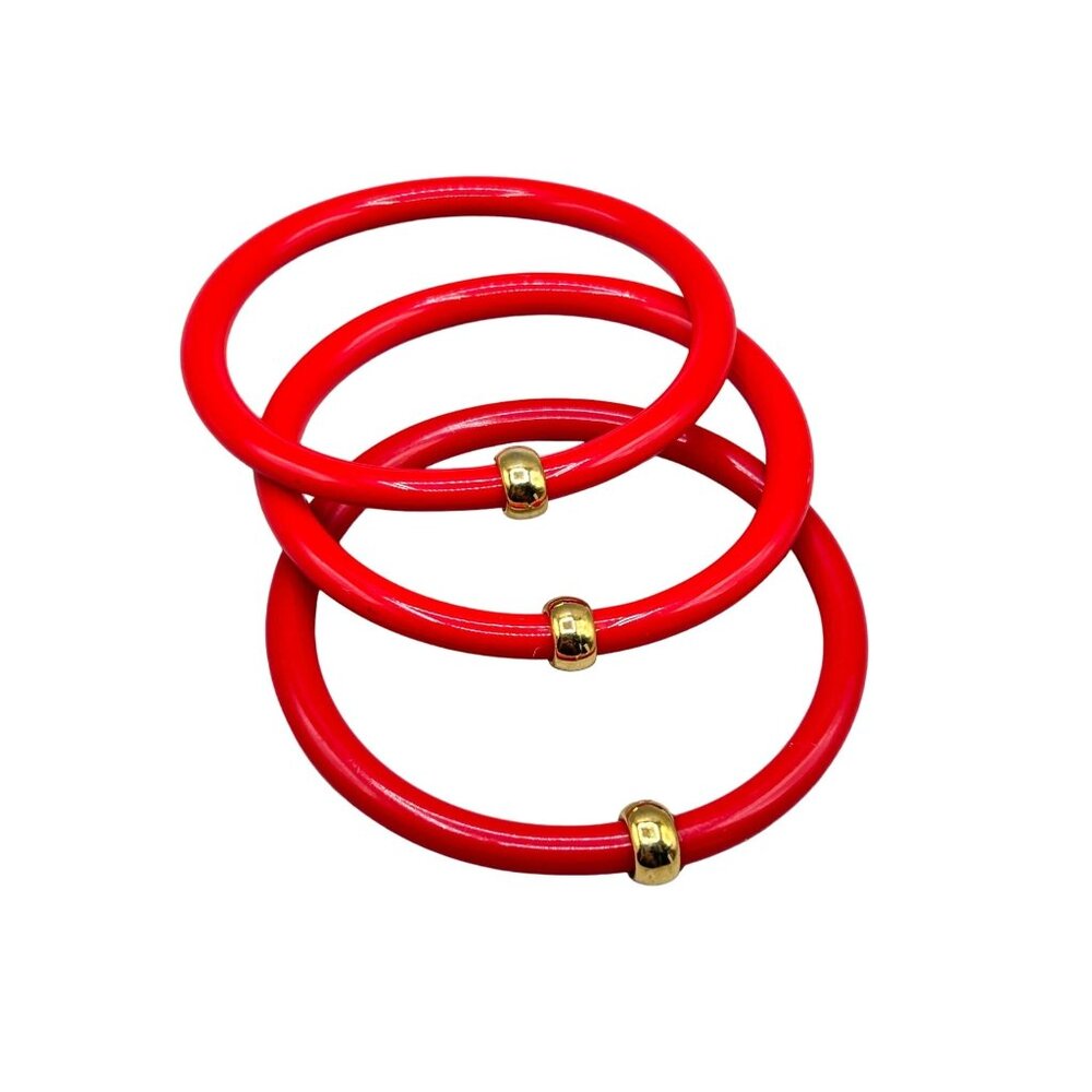 Vintage Red Plastic Bangles Set of 3 with Gold Accents Stack Bangles Collection